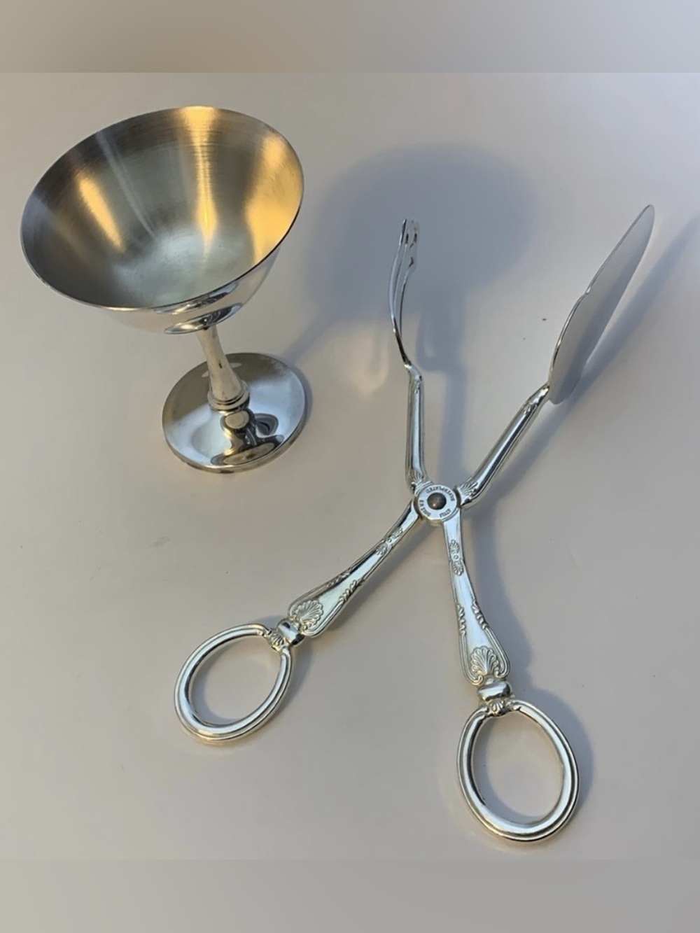 SILVER PLATED CHALICE/GOBLET AND SERVING TONGS